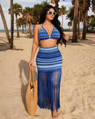 Blue geometric crochet swim cover set with triangle top, fitted skirt, and long fringe hem