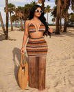 Brown and orange geometric crochet swim cover set with triangle top and long skirt fringe