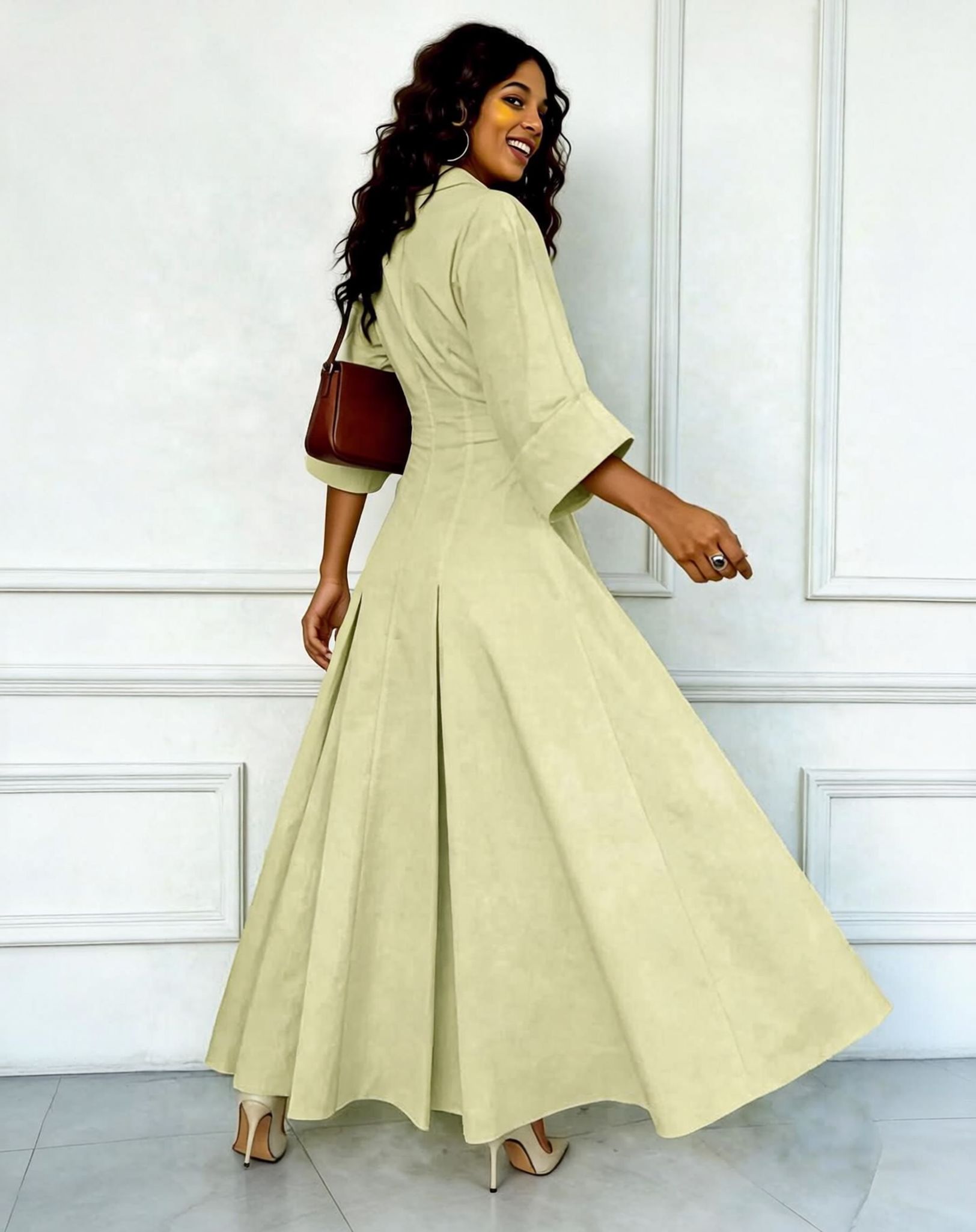 Women's collared pleated flared maxi casual dress - view 4