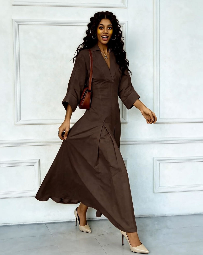 Women's collared pleated flared maxi casual dress - view 3