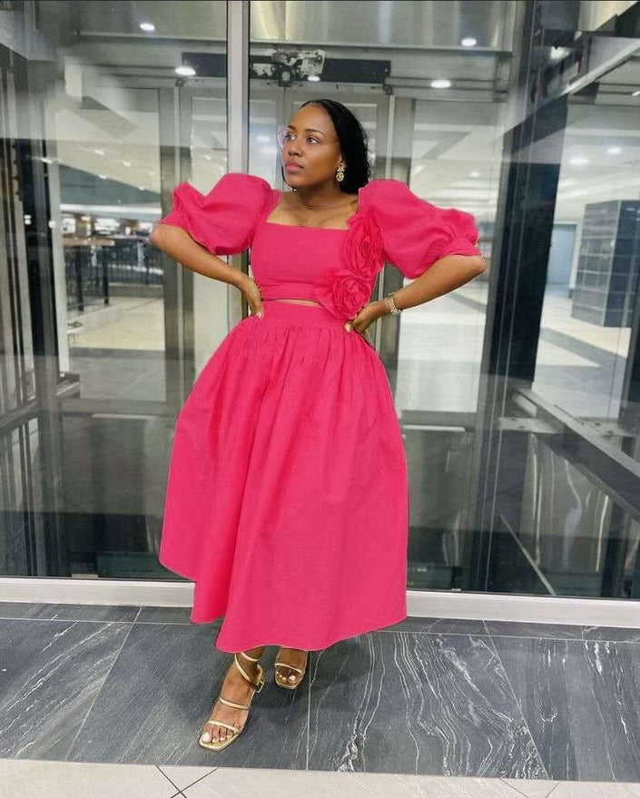 Deep-pink floral puff-sleeve midi dress with gathered waist and square neckline