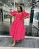 Deep-pink floral puff-sleeve midi dress with gathered waist and square neckline