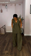 Women's olive sleeveless V neck tunic and wide leg pants set with side pockets
