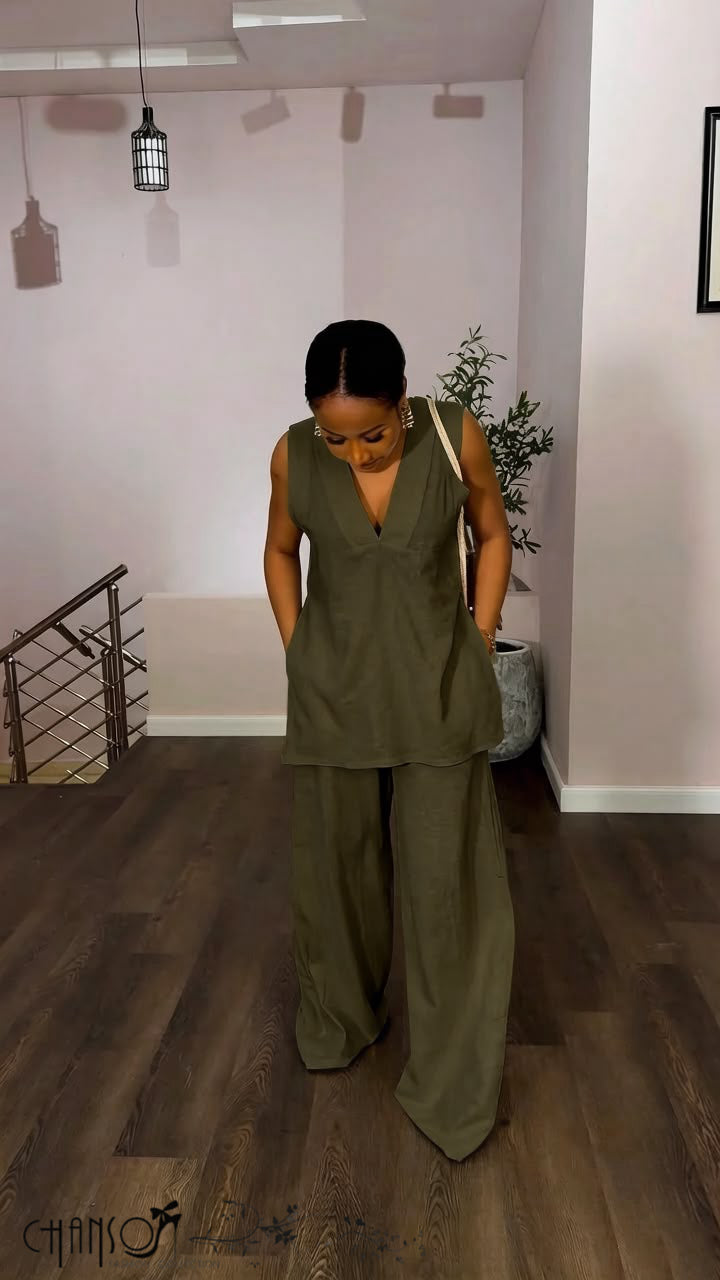 Women's olive sleeveless V neck tunic and wide leg pants set with side pockets
