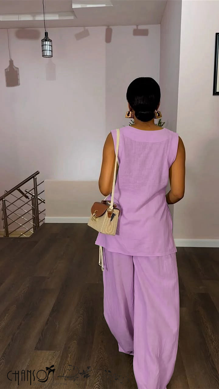 Women's mauve sleeveless V neck tunic and wide leg pants set with side pockets