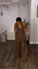 Women's coffee sleeveless V neck tunic and wide leg pants set with side pockets