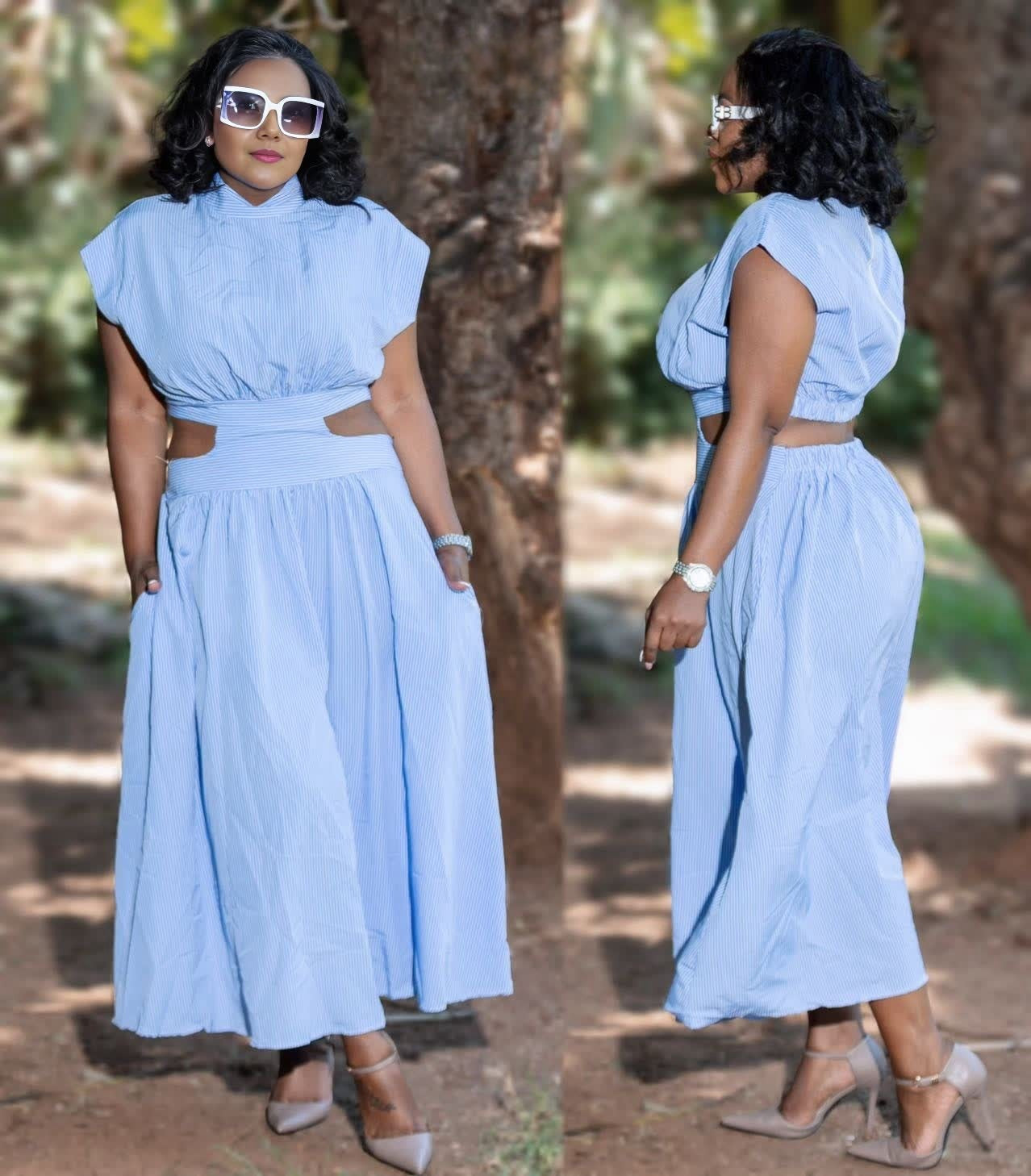 Light blue midi skirt with hollow waist cutout and gathered pleats