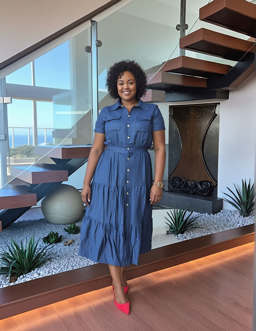 Blue tiered midi dress with button front and short sleeves