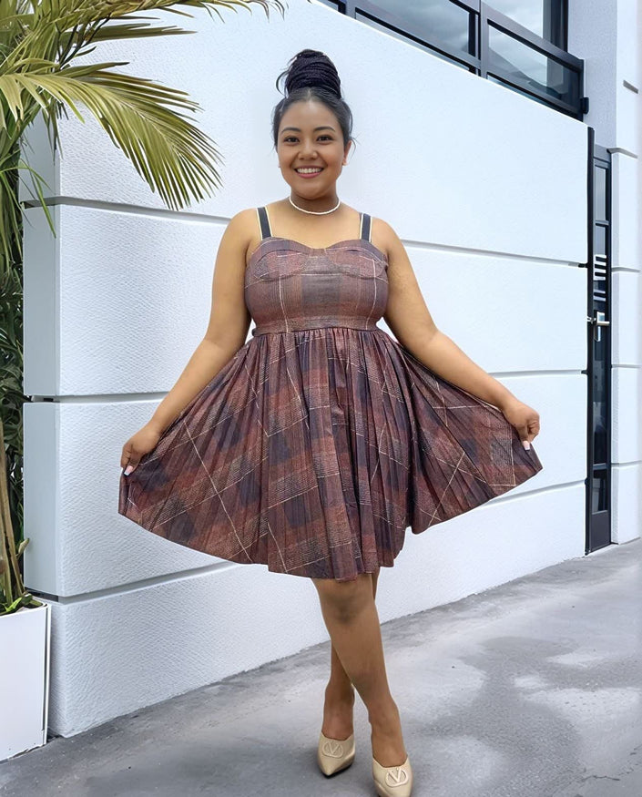 Plaid pleated mini dress with thin straps, sleeveless, brown red plaid