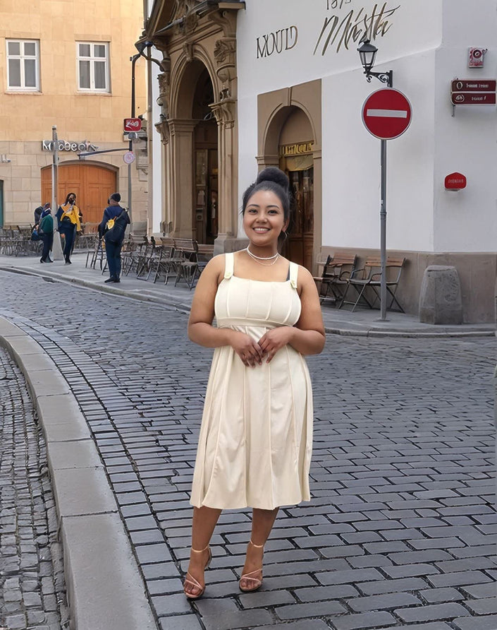 Pleated khaki sleeveless midi dress with gathered waist and midi hem