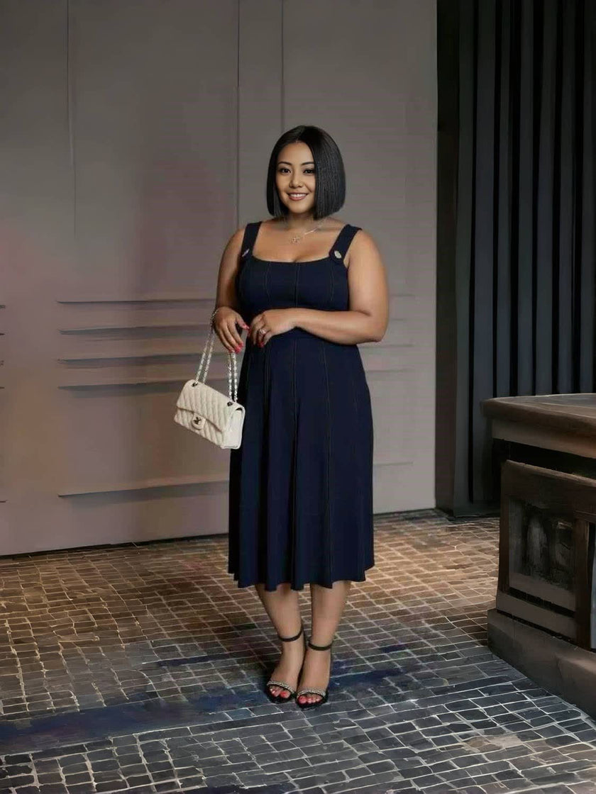 Pleated dark navy sleeveless midi dress with scoop neckline and wide straps