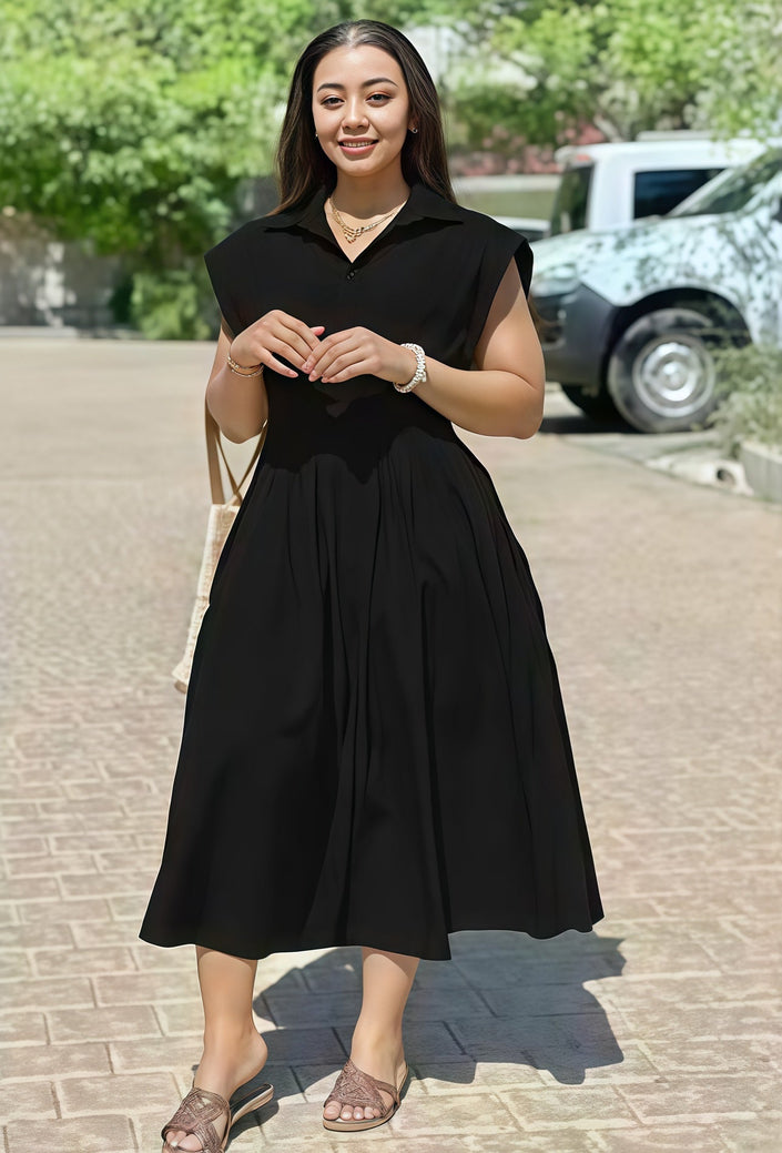 Black sleeveless collared pleated midi dress with buttoned neckline