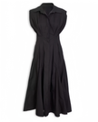 Black sleeveless belted pleated midi dress, front view