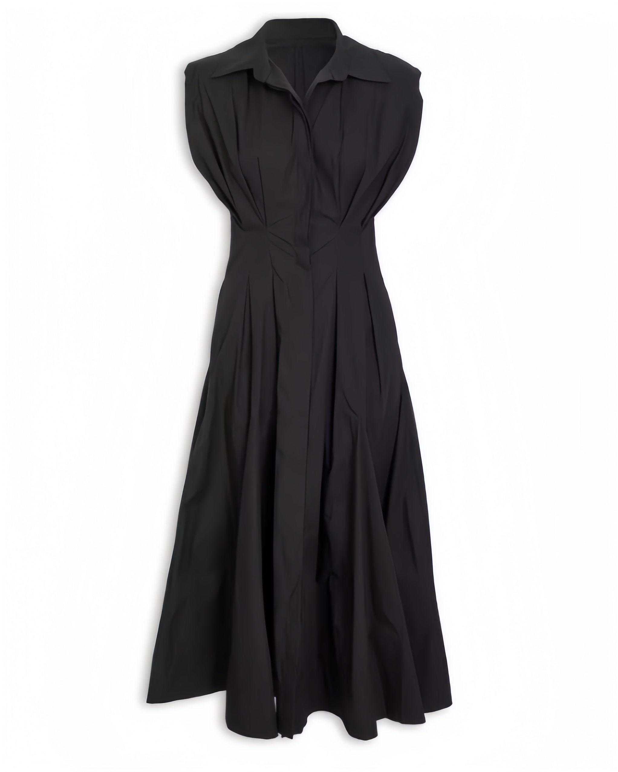 Black sleeveless belted pleated midi dress, front view