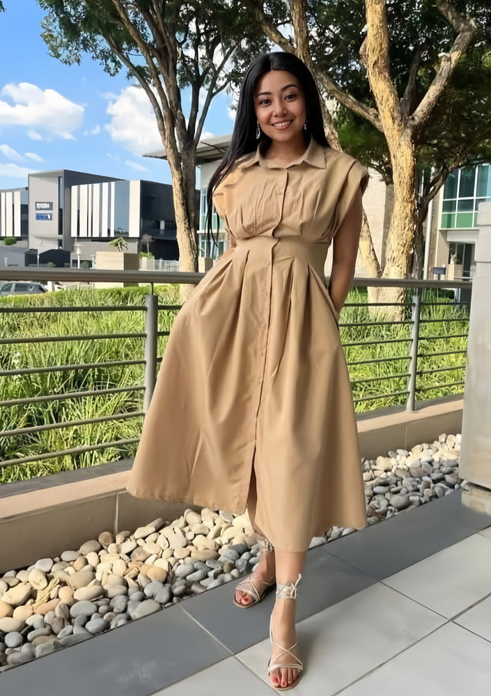 Beige sleeveless belted pleated midi dress with gathered skirt