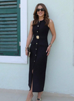 Black sleeveless button midi dress with high neckline and front slit