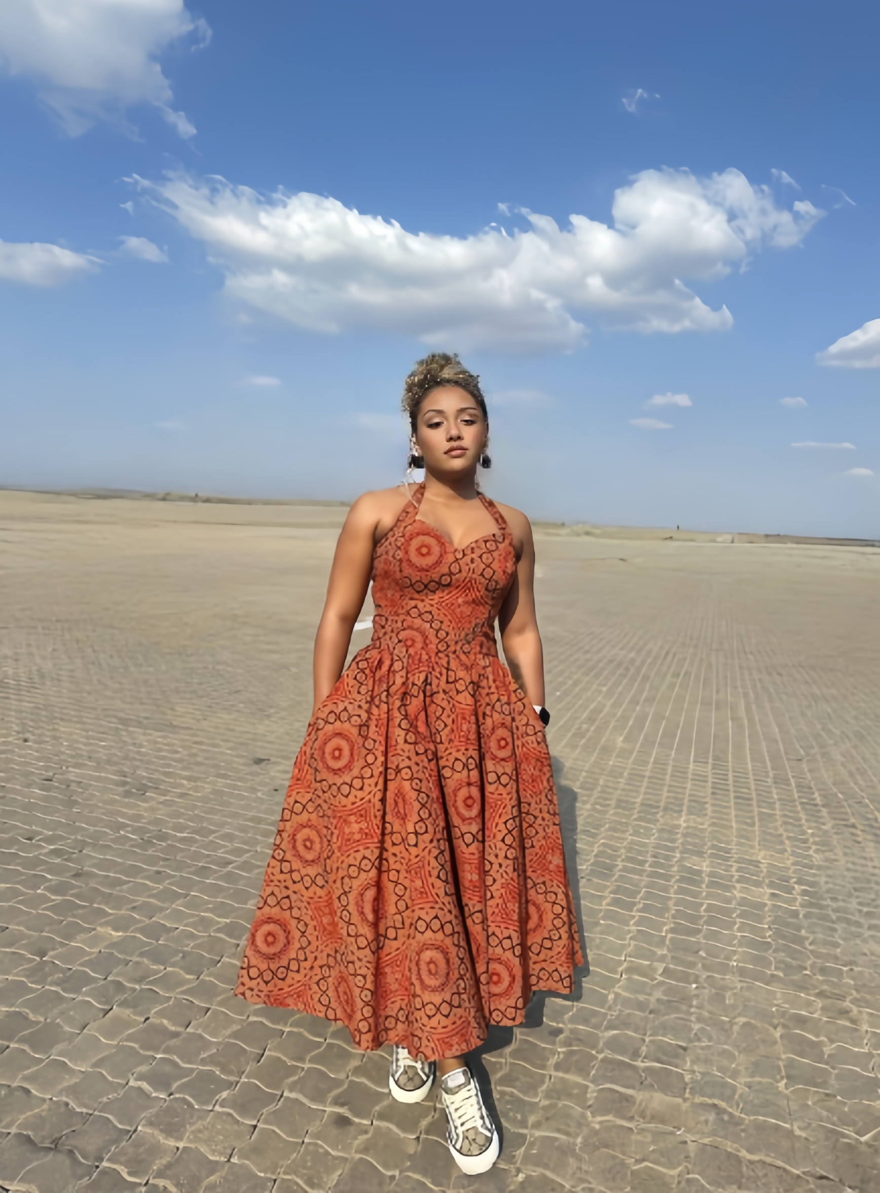 African Print Backless Flared Dress for Women  Ethnic Circular Floral Pattern  Stylish Halter Neck Design