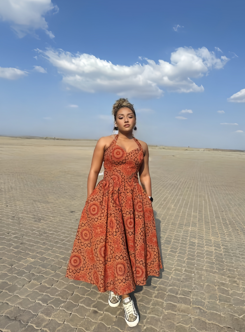 African Print Backless Flared Dress for Women  Ethnic Circular Floral Pattern  Stylish Halter Neck Design