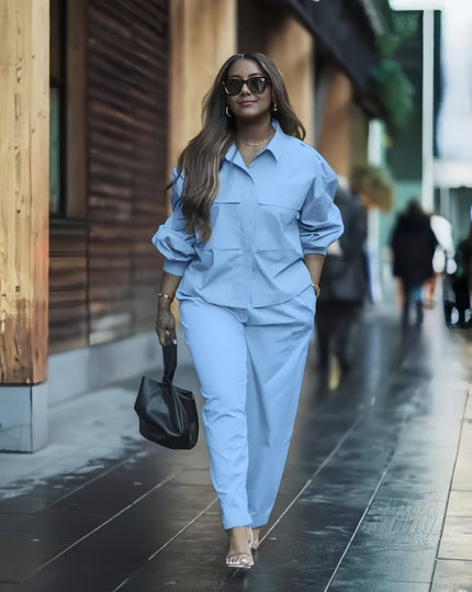 Long Sleeve Button-Up Shirt with High-Waisted Pants