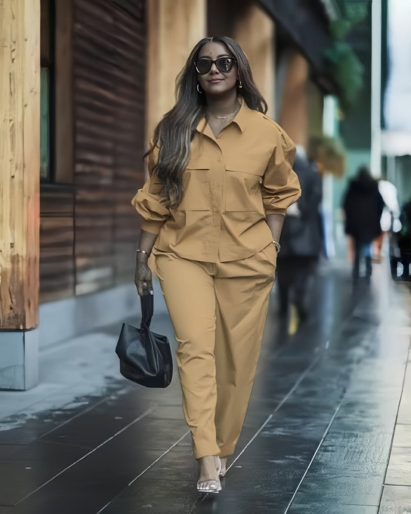 Khaki twin set shirt and pants with front button placket, adjustable fit