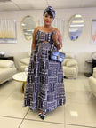 Geometric maxi dress with cutout bodice, black-and-white pattern, tiered skirt