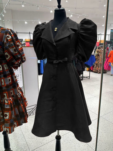 Puff-sleeve midi dress with adjustable waist, black