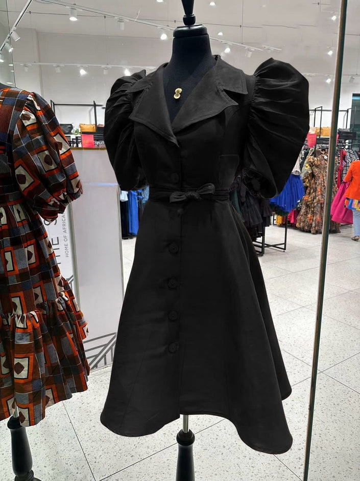 Puff-sleeve midi dress with adjustable waist, black