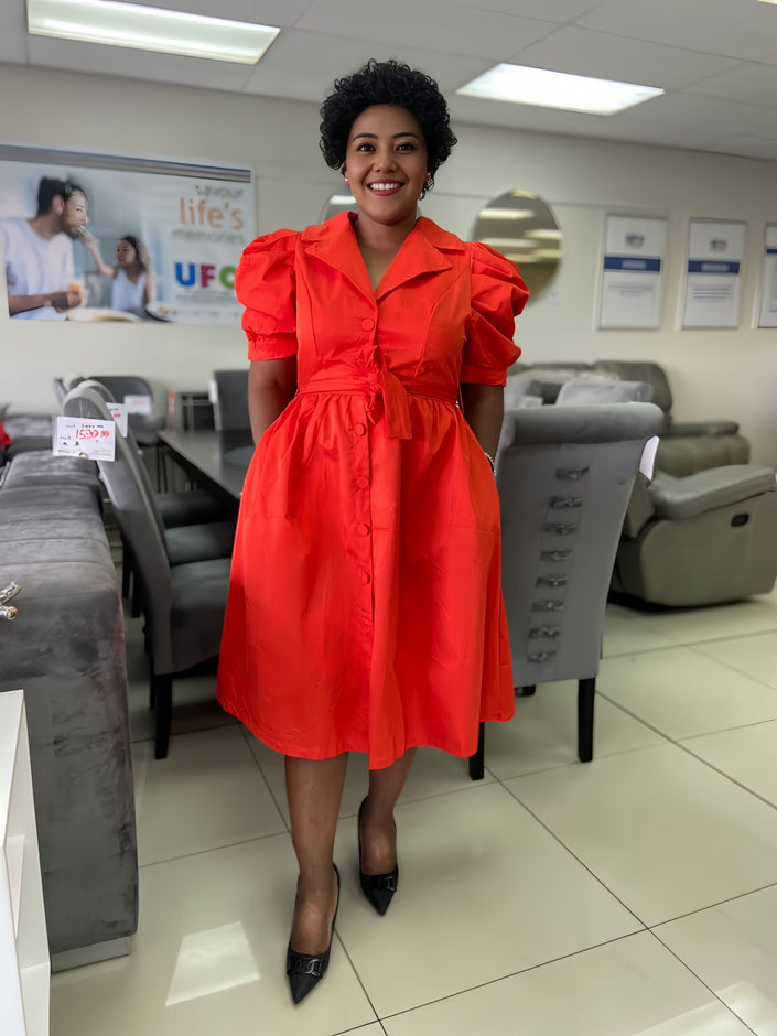 Puff-sleeve midi dress with adjustable waist, bright red