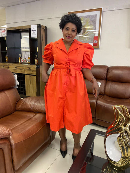 Puff-sleeve midi dress with adjustable waist, orange-red