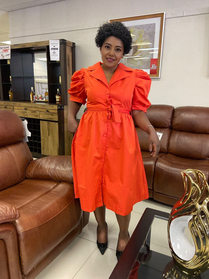 Puff-sleeve midi dress with adjustable waist, orange-red
