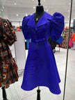 Puff-sleeve midi dress with adjustable waist, royal blue