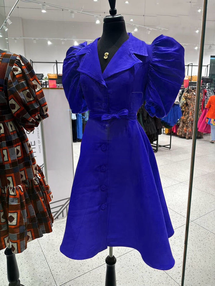 Puff-sleeve midi dress with adjustable waist, royal blue