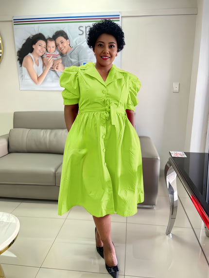 Puff-sleeve midi dress with adjustable waist, green-yellow