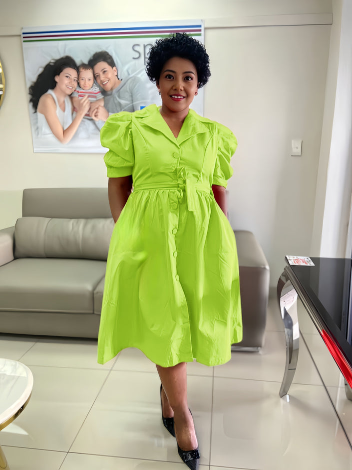 Puff-sleeve midi dress with adjustable waist, green-yellow