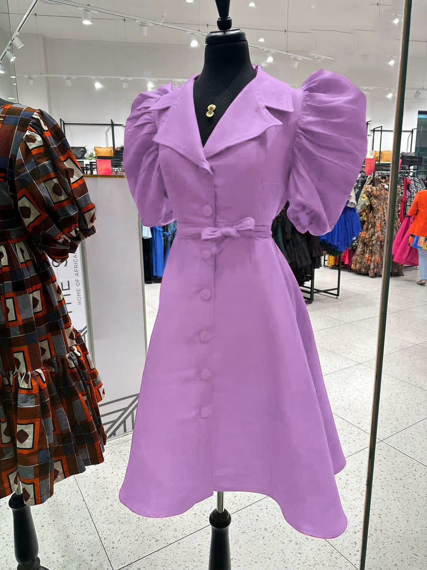 Puff-sleeve midi dress with adjustable waist, light purple