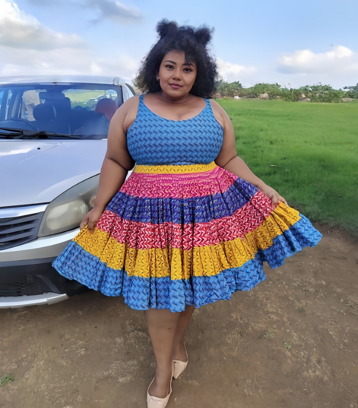 Multicolor chevron A-line sleeveless dress with ruffled tiered skirt
