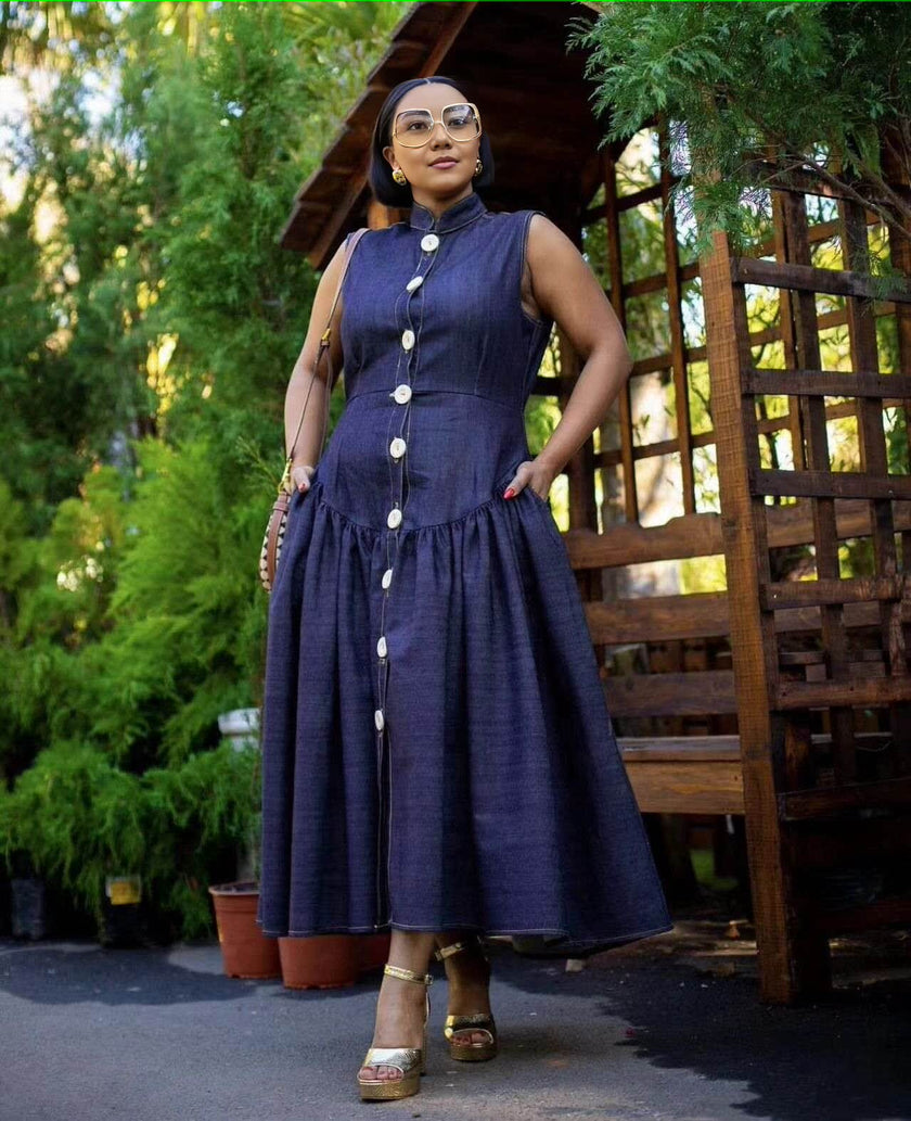 Navy A-line sleeveless vintage dress with front button placket and large buttons