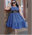Blue printed circle dress with ruffle hem and black waist belt, sleeveless A-line