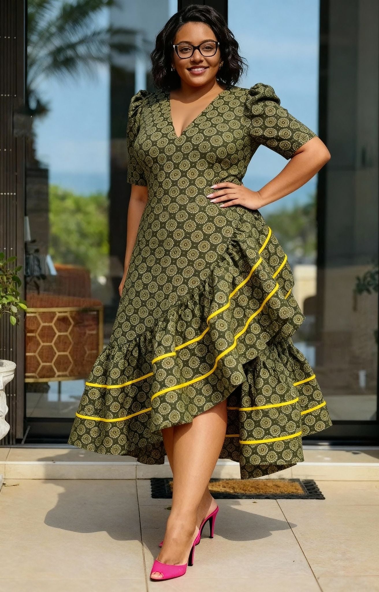 Green patterned high-low ruffle dress with puff sleeves, V-neck, and yellow tiered trim