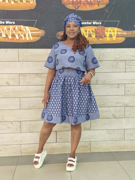 Flutter Sleeve Top & Pleated Skirt Set with Circular Pattern