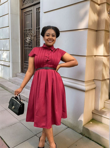 Maroon midi dress with short sleeves, collar, belted waist tie, gathered skirt