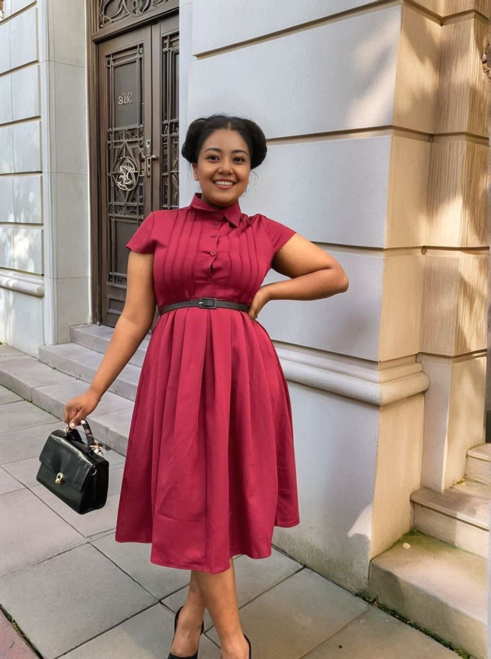 Maroon midi dress with short sleeves, collar, belted waist tie, gathered skirt