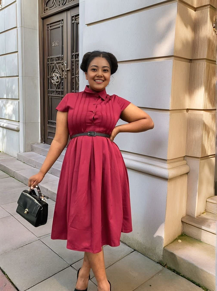 Maroon midi dress with short sleeves, collar, belted waist tie, gathered skirt