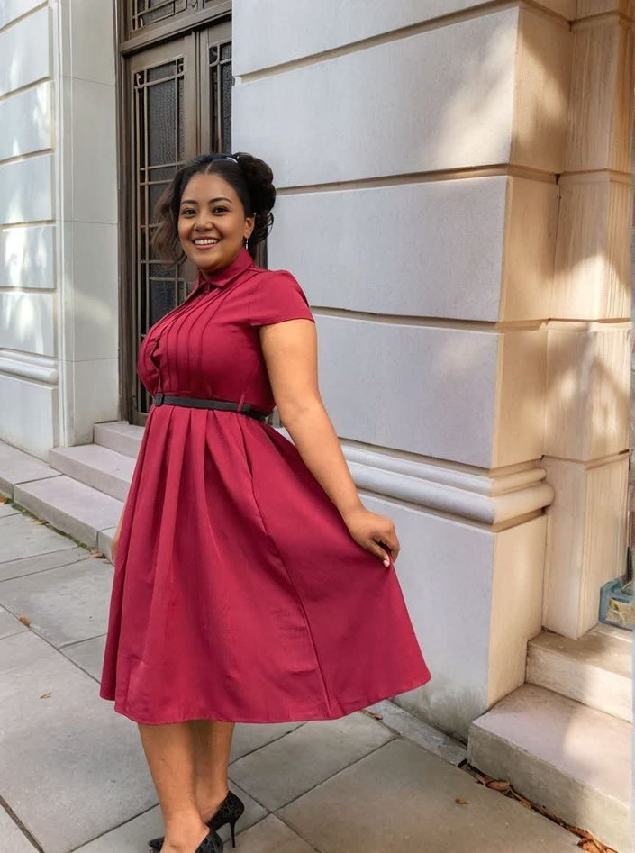 Maroon midi dress with short sleeves, collar, belted waist tie, gathered midi skirt
