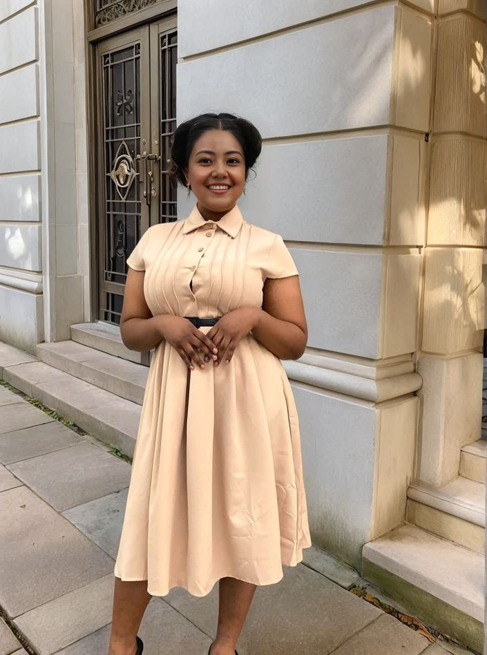 Light tan midi dress with short sleeves, collared neckline, belted waist tie, full skirt