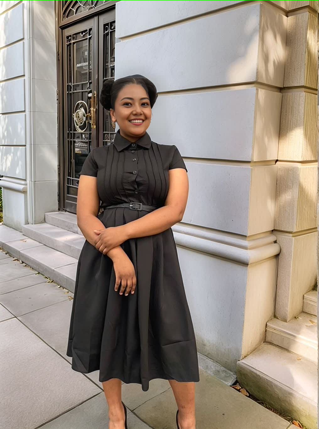 Black midi dress with short sleeves, collar, belted waist tie, pleated midi skirt