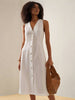 White sleeveless V-neck midi dress with button-down front and V-shaped neckline