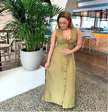 Olive sleeveless V-neck midi dress with button front and side-slit hem