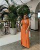 Orange sleeveless V-neck midi dress with button front detail