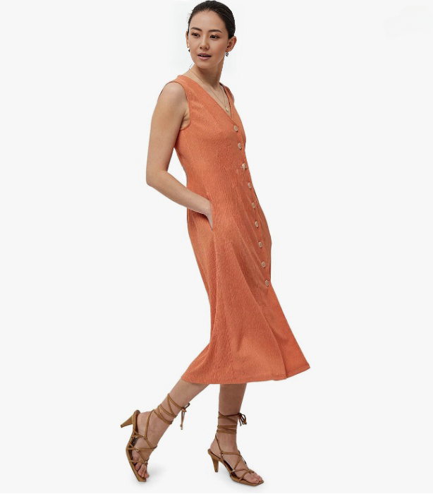 Orange sleeveless V-neck midi dress with button front and flared hem